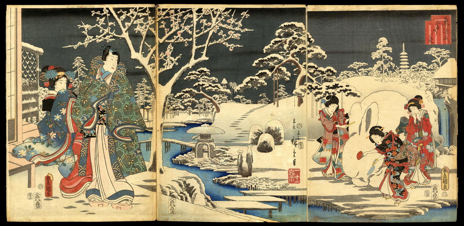 Hiroshige and Toyokuni III Woodblock - Garden in Snow: Artists: Hiroshige, Ando, 1797-1858 and Toyokuni III, Utagawa, 1786-1875 Title: The Garden in Snow Series: Eastern Genji Date: 1854 Medium: Japanese woodblock print Imag