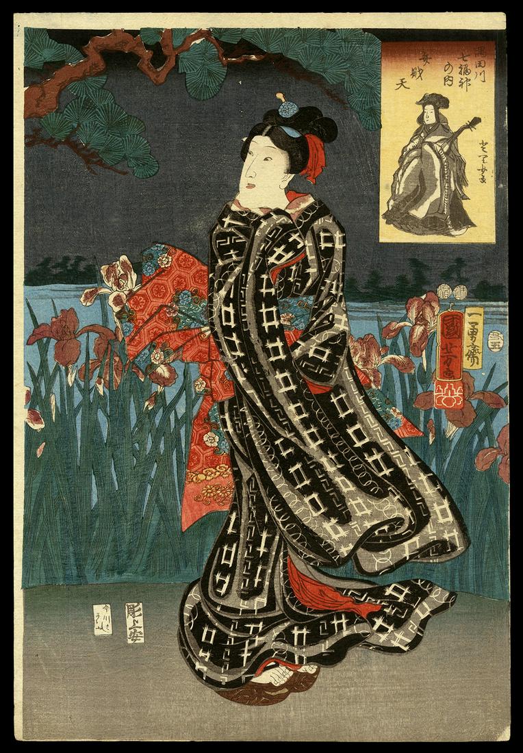 Utagawa Kuniyoshi Japanese Woodblock Print - Benten: Artist: Kuniyoshi, Utagawa, 1798-1861 Title: Benten Series: The Seven Gods of Good Luck on the Sumida River Date: 1853 Medium: Japanese woodblock print Image Size: 14 3