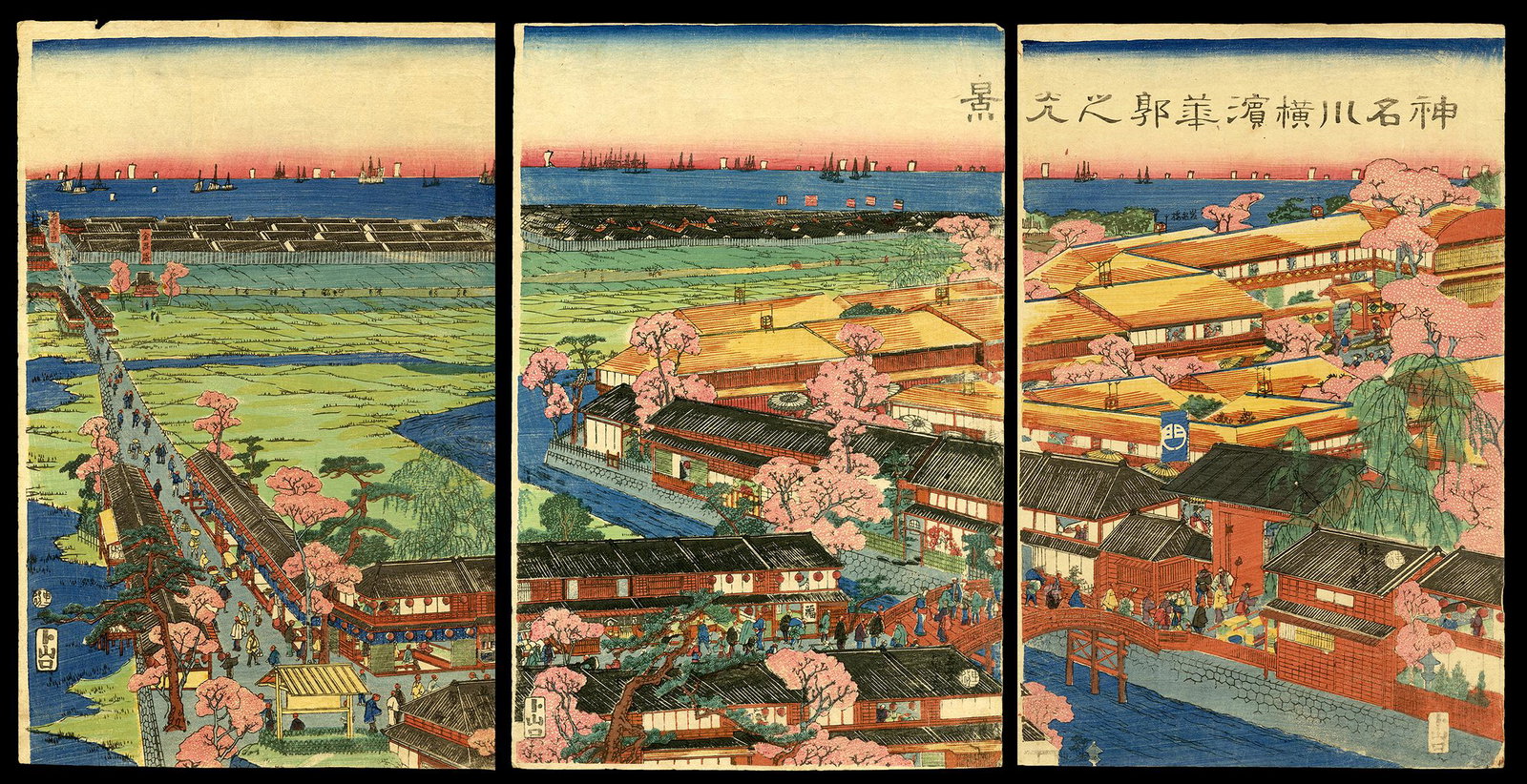 Sadahide Woodblock Print - The Foreigner's Compound: Artist: Sadahide, Utagawa, 1807-1873 Title: A Bird's-eye View of the Foreigner's Compound at Yokohama Date: 1860 Medium: Japanese woodblock print Image Size: 14 1/4 x 28 1/2 inches