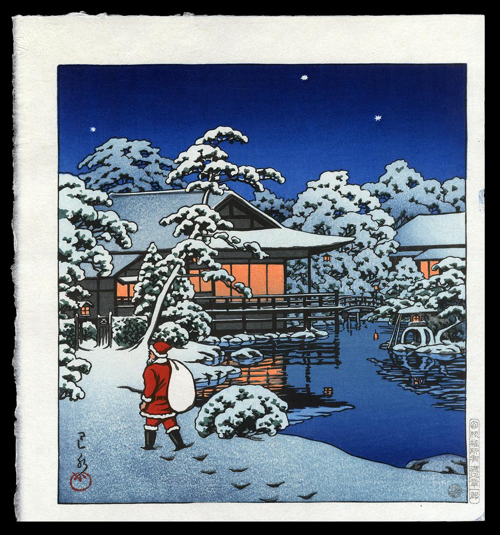 Kawase Hasui Woodblock - Santa Claus in Snow Garden: Artist: Hasui, Kawase, 1883-1957 Title: Santa Claus in Snow Garden Date: c. 1952 Medium: Japanese woodblock print Image Size: 9 x 8 3/4 inches Notes: Later impression f
