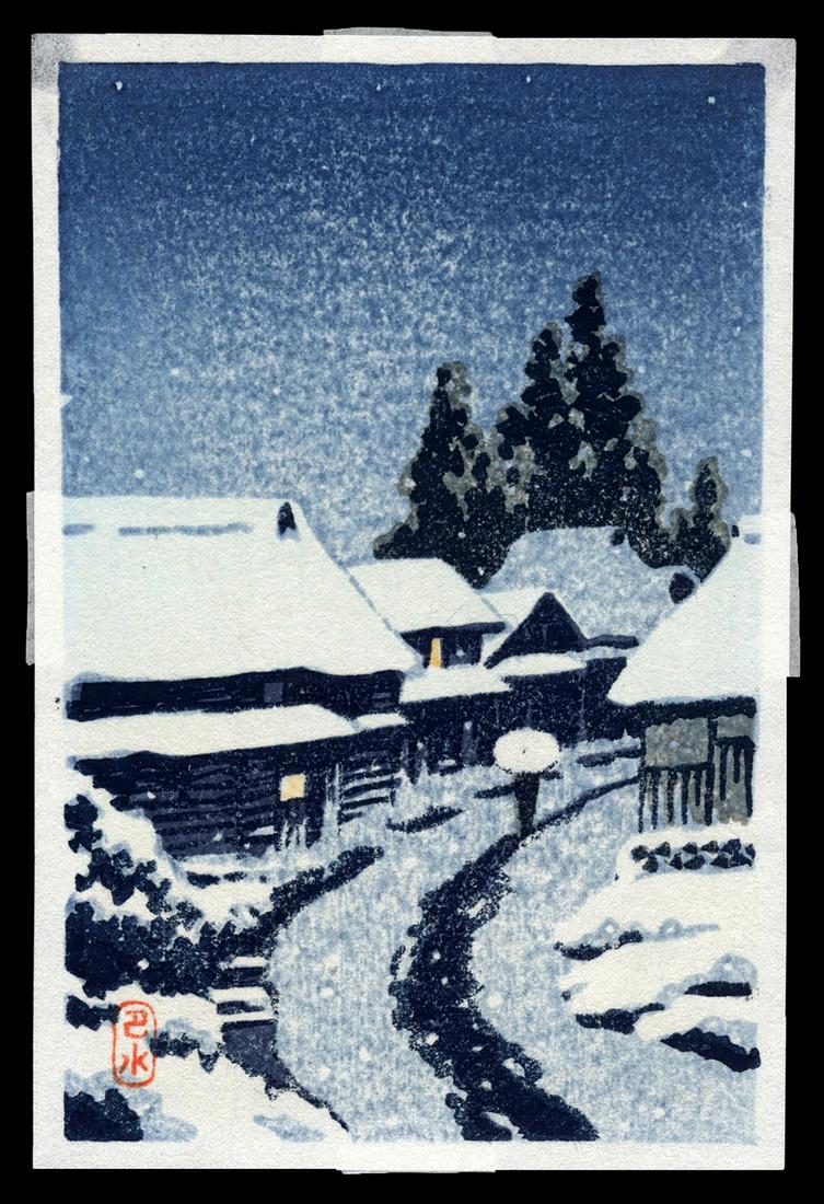 Kawase Hasui Woodblock Print - Terajima in Snow: Artist: Hasui, Kawase, 1883-1957 Title: Terajima in Snow Date: undated, c. 1930s Medium: Japanese woodblock print Image Size: 5 5/8 x 3 1/2 inches Illustrated: Hasui, p