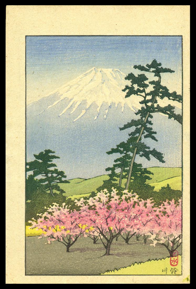 Kawase Hasui Woodblcok - Mt. Fuji and Suzukawa: Artist: Hasui, Kawase, 1883-1957 Title: Mt. Fuji and Suzukawa Date: undated, c. 1930s Medium: Japanese woodblock print Image Size: 7 x 4 1/2 inches Notes: Published by