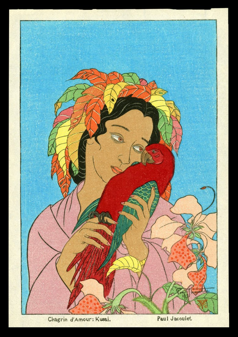 Paul Jacoulet Woodblock Print - Chagrin d'Amour: Artist: Jacoulet, Paul, 1902-1960 Title: Chagrin d'Amour, Kusaie, Est Carolines Surimono Date: undated Medium: Japanese woodblock print Image Size: 5 1/2 x 3 3/4 inches Ill