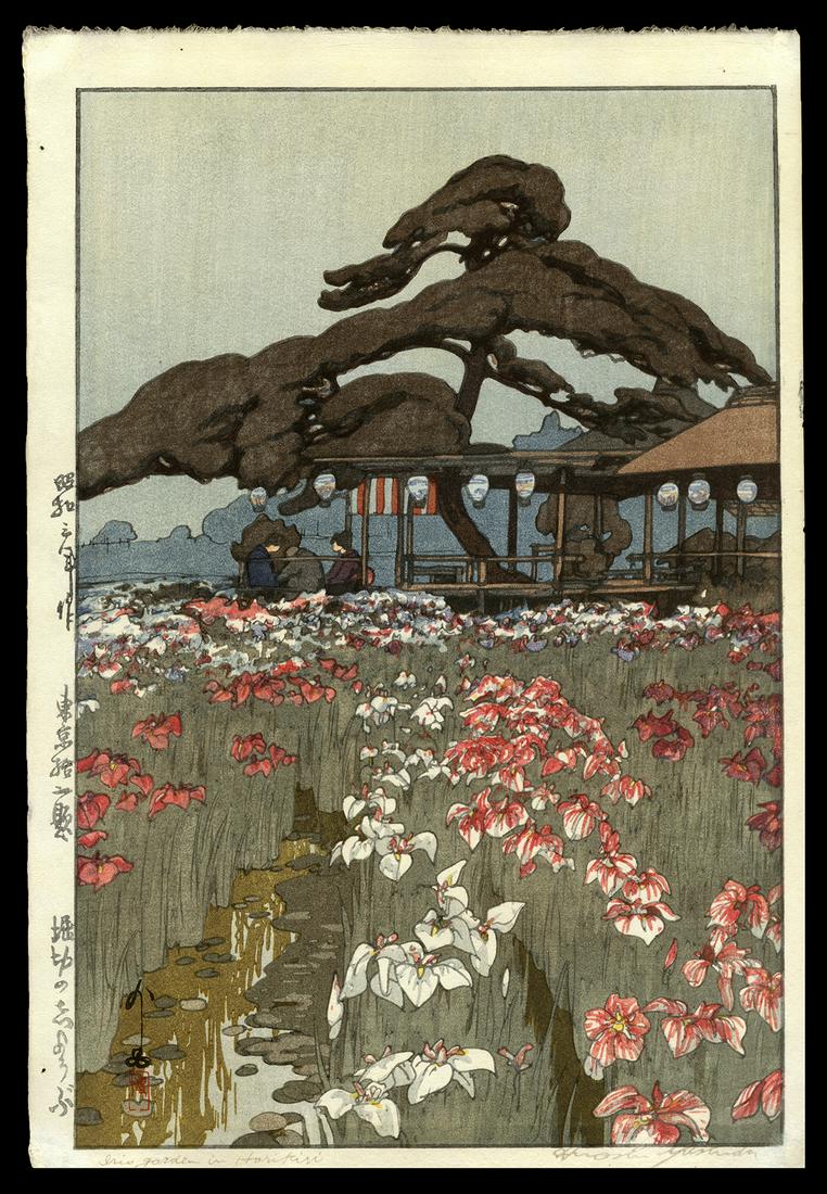 Hiroshi Yoshida Woodblock - Iris Garden in Horikiri: Artist: Yoshida, Hiroshi, 1876-1950 Title: Iris Garden in Horikiri Series: Twelve Scenes of Tokyo Date: 1928 Medium: Japanese woodblock print Image Size: 14 5/8 x 9 7/8