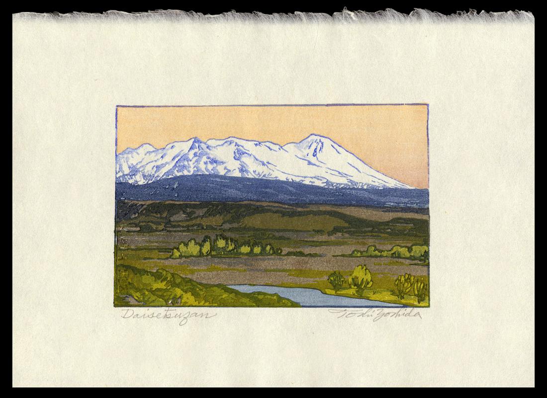 T. Yoshida Japanese Woodblock Print - Daisetsuzan: Artist: Yoshida, Toshi, 1911-1995 Title: Daisetsuzan Date: 1984 Medium: Japanese woodblock print Image Size: 3 1/8 x 4 7/8 inches Notes: Pencil signature