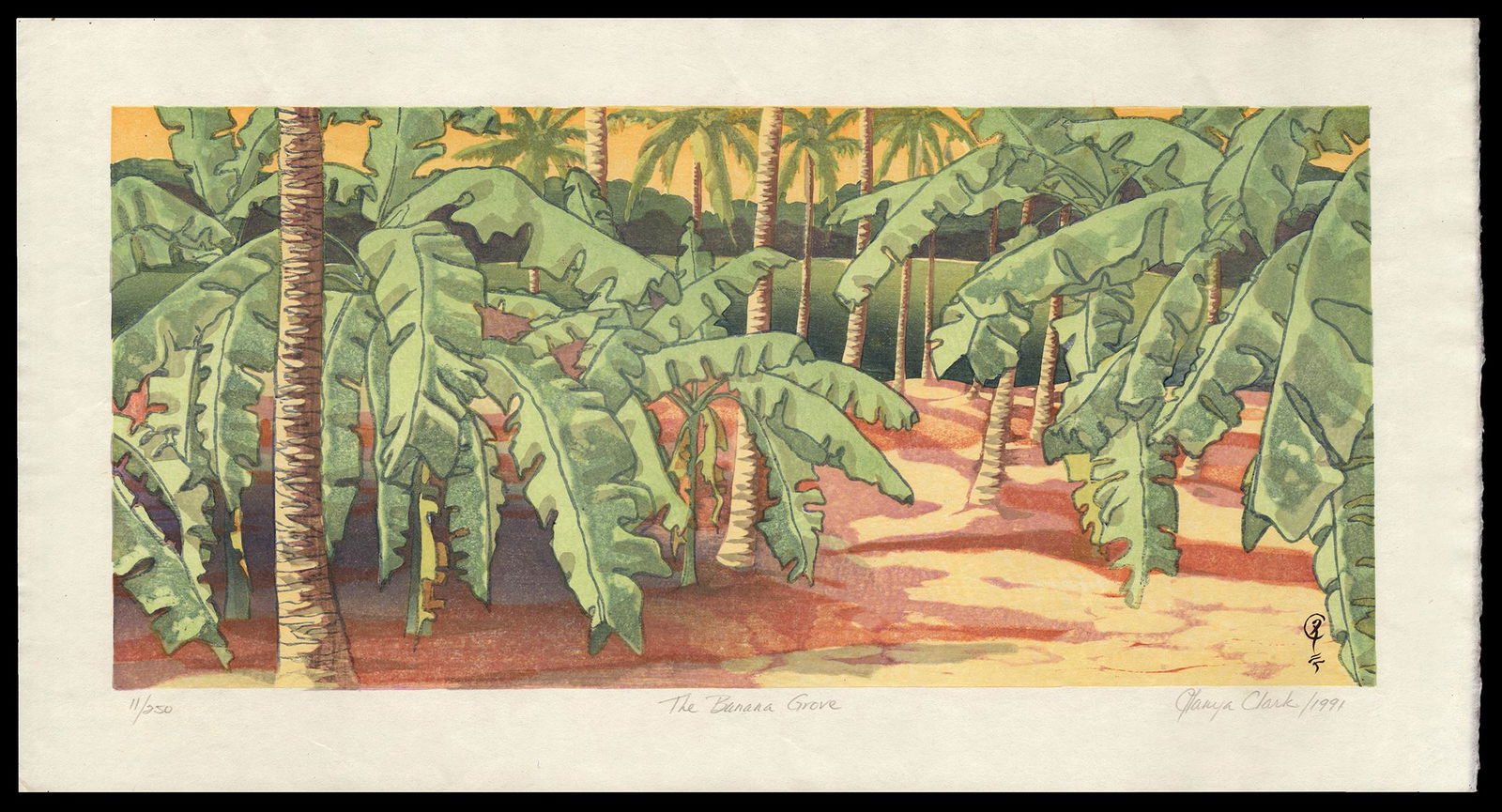 Tanya Clark Woodblock Print - The Banana Grove: Artist: Clark, Tanya, (b. 1954) Title: The Banana Grove Edition: 11/250 Date: 1991 Medium: Japanese woodblock print Image Size: 9 3/8 x 20 3/8 inches Notes:<
