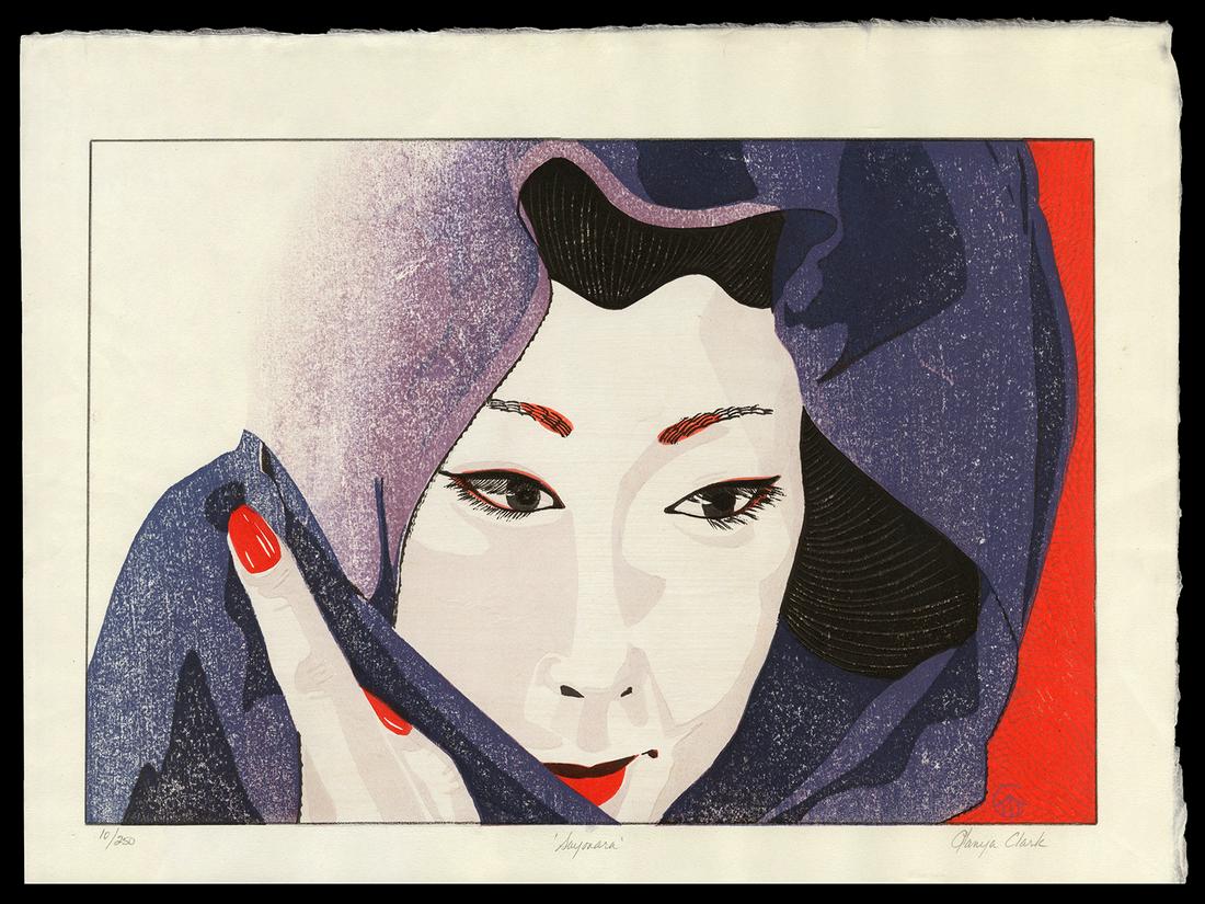 Tanya Clark Woodblock Print - Sayonara: Artist: Clark, Tanya, (b. 1954) Title: Sayonara Edition: 10/250 Date: undated Medium: Japanese woodblock print Image Size: 10 1/2 x 15 5/8 inches Notes: