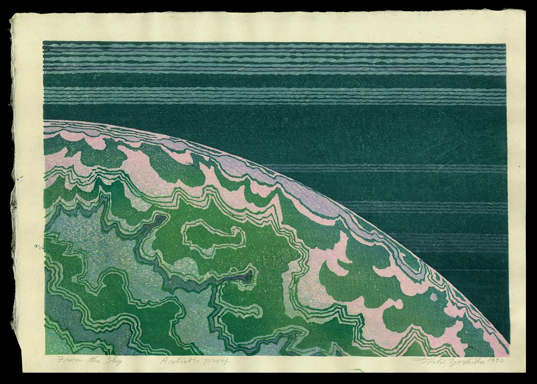 Toshi Yoshida Woodblock - From the Sky: Artist: Yoshida, Toshi, 1911-1995 Title: From the Sky Edition: Artist's Proof Date: 1970 Medium: Japanese woodblock print Image Size: 9 5/8 x 14 3/4 inches P