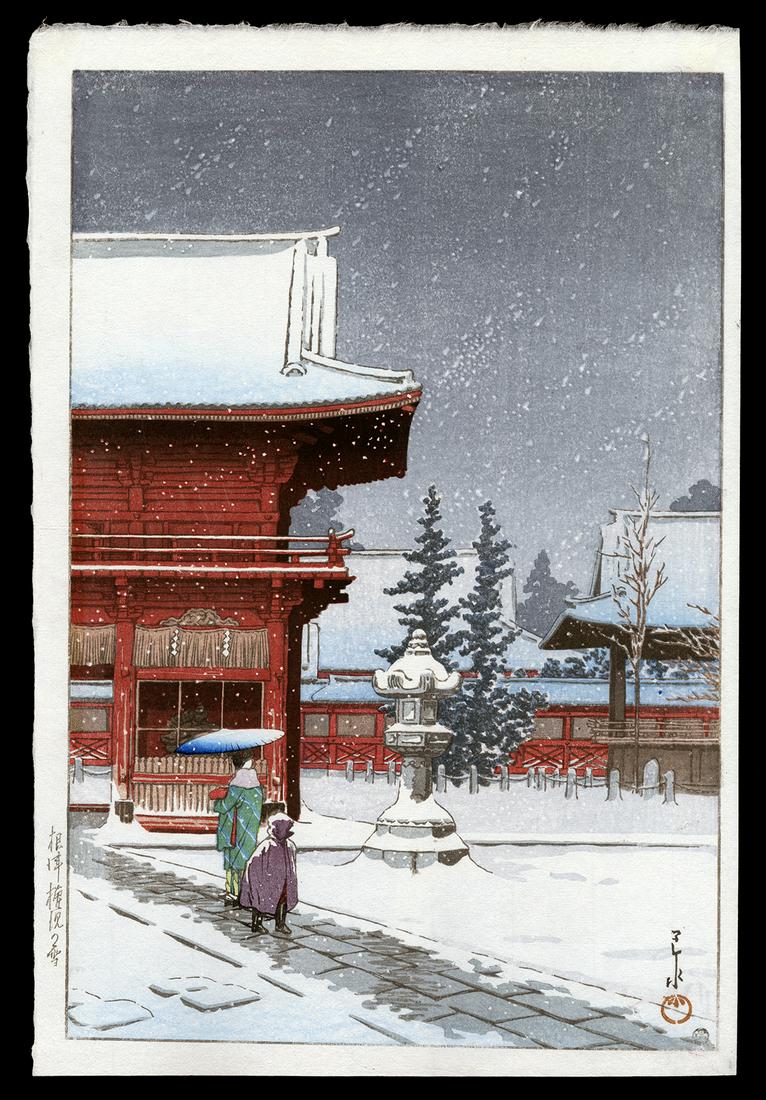 Kawase Hasui Woodblock - Snow at Nezu-Gongen Shrine (1 of 2)