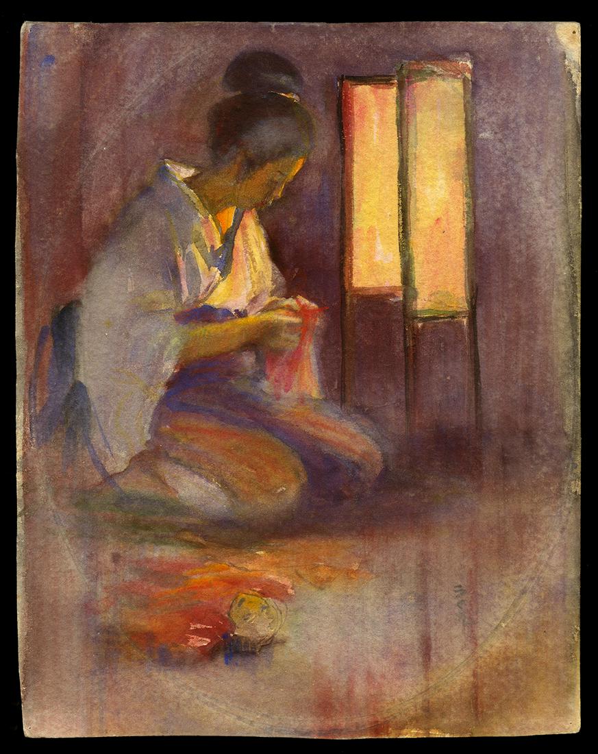 Helen Hyde Water Color On Board - Woman Knitting (1 of 2)
