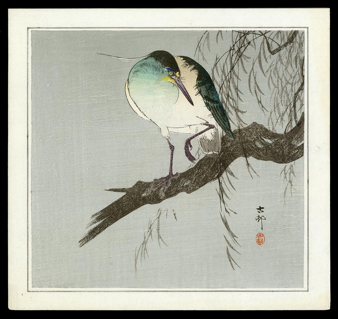 Ohara Koson Woodblock - Night-Heron on Willow Branch (1 of 2)