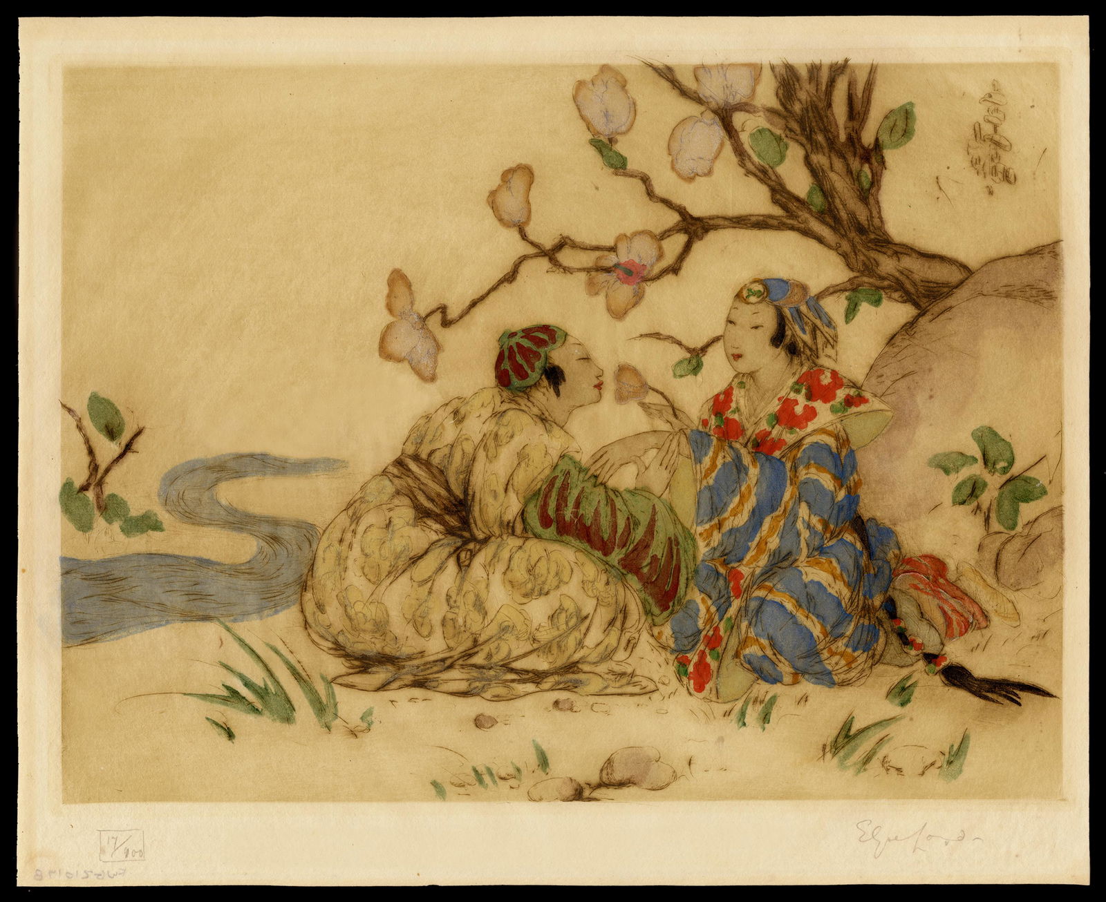 Elyce Ashe Lord Woodblock - Couple Beneath Blossoms (1 of 2)