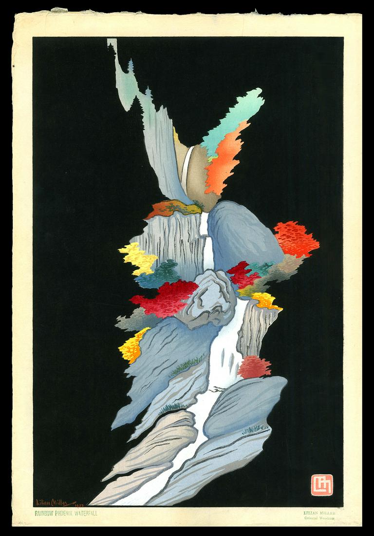 Lilian May Miller Woodblock - Rainbow Phoenix Waterfall (1 of 2)