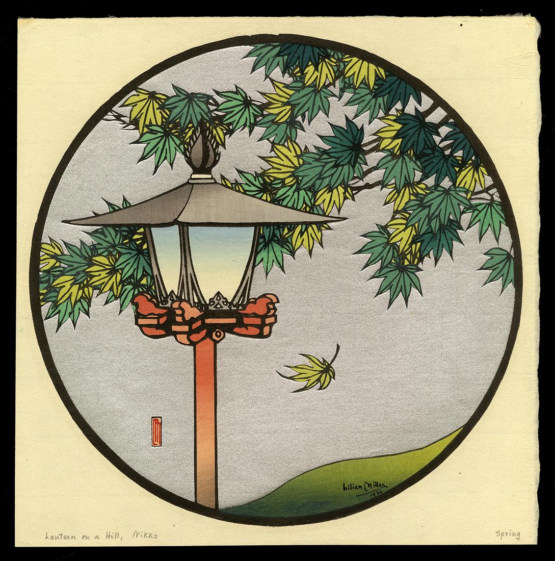 Lilian May Miller Woodblock - Lantern on a Hill, Nikko: Artist: Miller, Lilian May, 1895-1943 Title: Lantern on a Hill, Nikko, Spring Date: 1934 Medium: woodblock Image Size: 9 7/8 x 9 7/8 inches Illustrated: Milller, fig. 9
