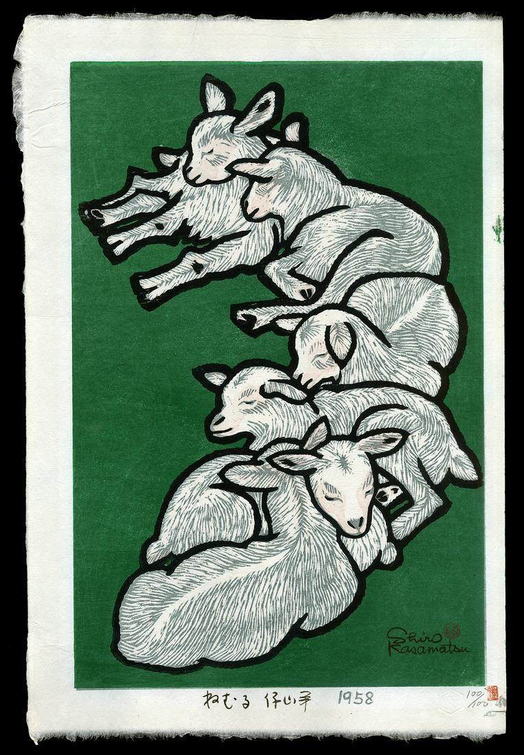 Kasamatsu Shiro Woodblock - Sleeping Goats (1 of 2)