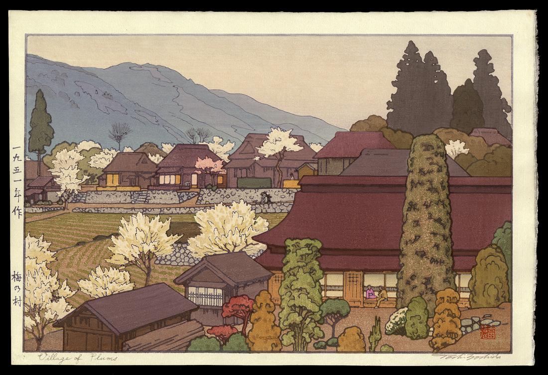 Toshi Yoshida Woodblock - Village of Plums: Artist: Yoshida, Toshi, 1911-1995 Title: Village of Plums Date: 1951 Medium: woodblock Image Size: 9 1/2 x 14 1/2 inches Notes: Pencil signature