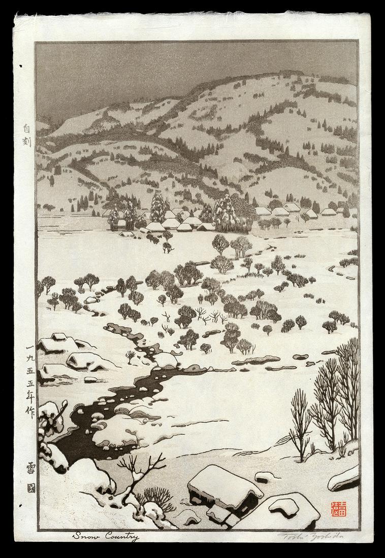 Toshi Yoshida Woodblock - Snow Country: Artist: Yoshida, Toshi, 1911-1995 Title: Snow Country Date: 1955 Medium: woodblock Image Size: 14 3/8 x 9 1/2 inches Notes: Pencil signature; monochromatic variant stat