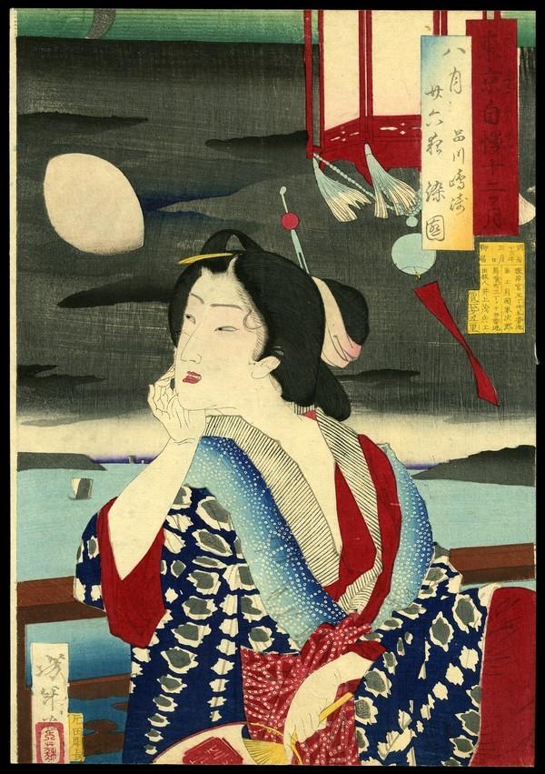 Taiso Yoshitoshi Woodblock: Title: August: Geisha Watching Moon over Edo Bay Artist: Yoshitoshi, Taiso, 1839-1892Series: Pride of Tokyo's Twelve Months