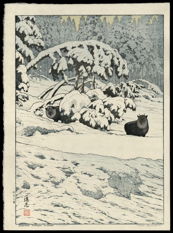 Toshi Yoshida Woodblock: Title: Japanese Antelopes in Snow Artist: Yoshida, Toshi, 1911-1995 Edition: 129/800 Date: 1981