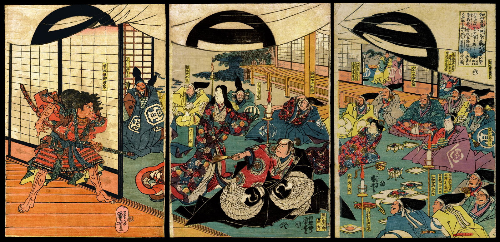 Kuniyoshi Woodblock - Great Feast Given by Yoshimori: Artist: Kuniyoshi, Utagawa, 1798-1861 Title: Soga Goro Outside the Shoji during a Great Feast Given by Wada Yoshimori Date: c. 1842-43 Medium: Japanese woodblock print Image Size: 14