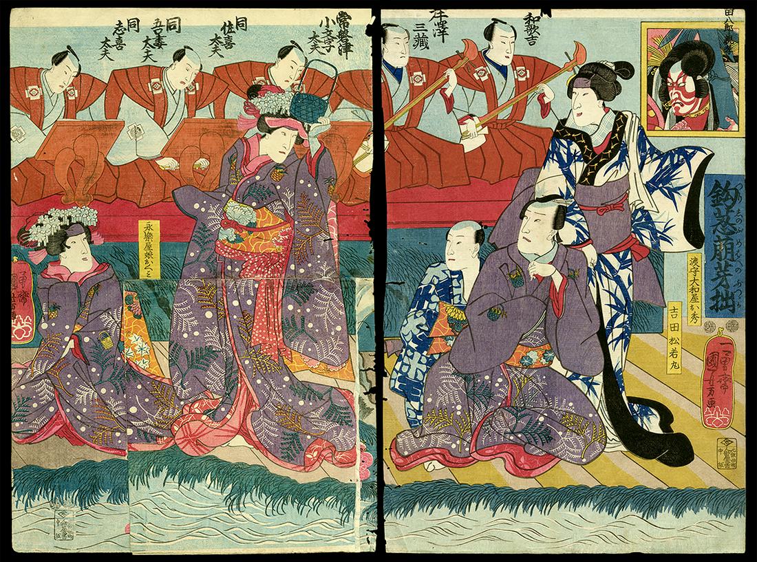 Kuniyoshi Woodblock - Tsuma Mukae Iro no Fumizuki: Artist: Kuniyoshi, Utagawa, 1798-1861 Title: Ichikawa Kodanji IV as Princess Nowake's Ghost (standing) and Fujikawa Kaju III as the Girl Okumi (kneeling) (L), Ichikawa Danjuro VIII as Hachiro Narita (