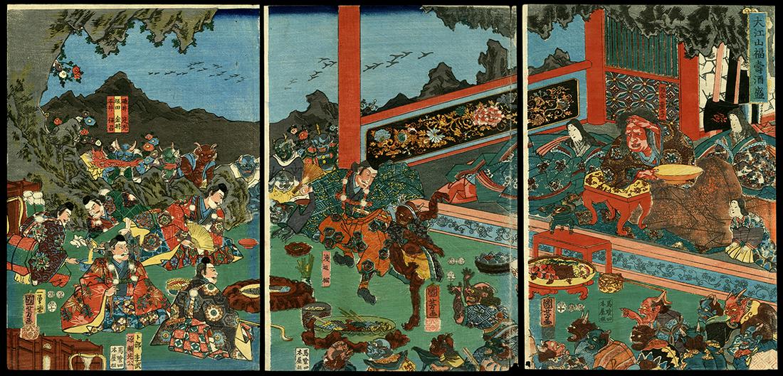 Kuniyoshi Woodblock - Entertaining the Shuten-doji: Artist: Kuniyoshi, Utagawa, 1798-1861 Title: The Drinking Party on Mount Oe - Raiko and his Men Entertaining the Shuten-doji and his Demons Date: 1853 Medium: Japanese woodblock print Ima