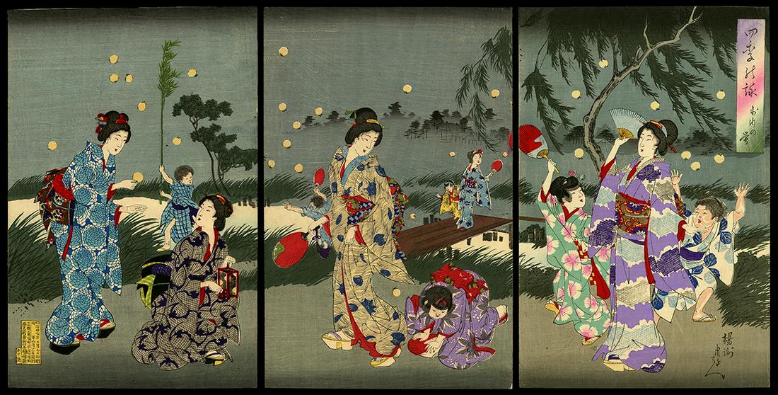 Chikanobu Woodblock - Summer - Catching Fireflies (1 of 8)