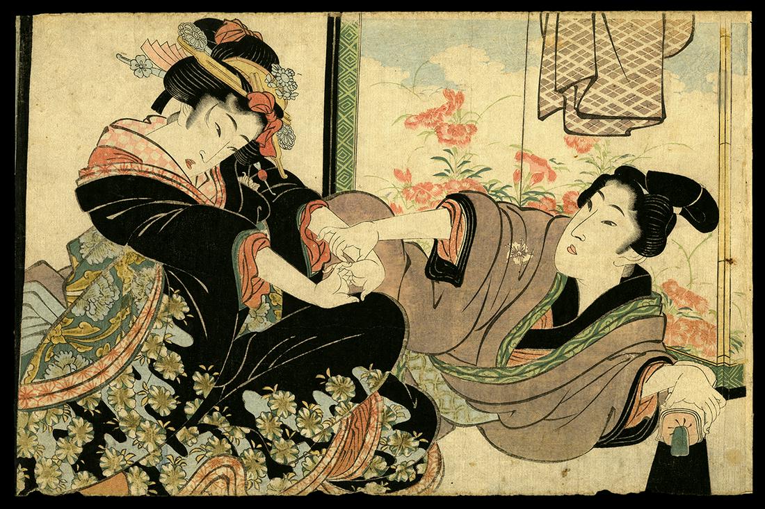Eisen Woodblock - Maegamai and Girl - No Reserve: Artist: Eisen, Keisei, 1790-1848 Title: A Maegamai and a Girl - No Reserve Series: Twelve Shunga Date: c. 1830 Medium: Japanese woodblock print Image Size: 9 7/8 x 14 7