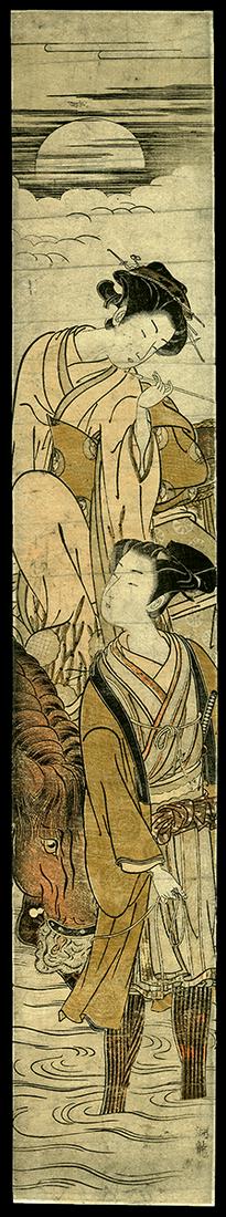 Isoda Koryusai Woodblock - A Courtesan on Horseback: Artist: Koryusai, Isoda, fl. c. 1764-1788 Title: A Courtesan on Horseback Looks Down on a Youth who is Leading her through a River Date: c. 1775 Medium: Japanese woodblock print Image Siz