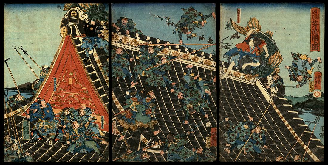 Kunisada II Woodblock - Battle on Roof of Horyukaku (1 of 8)