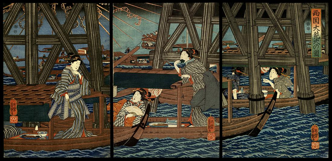 Yoshitsuya Woodblock - Fireworks at Ryogoku Bridge (1 of 8)
