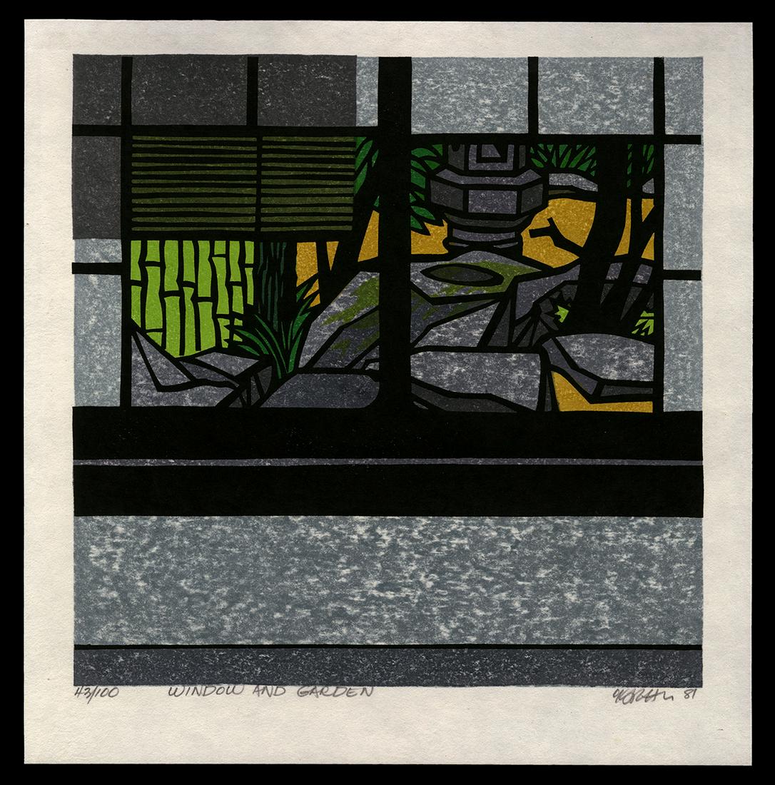 Clifton Karhu Woodblock - Window and Garden: Artist: Karhu, Clifton, 1927-2007 Title: Window and Garden Edition: 43/100 Date: 1981 Medium: Japanese woodblock print Image Size: 10 1/8 x 10 1/8 inches Not