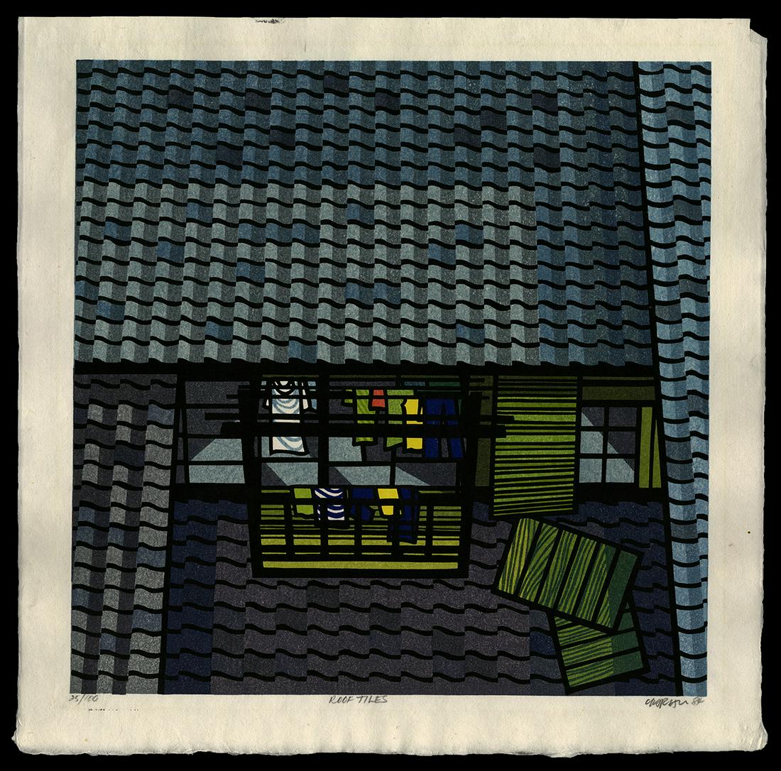 Clifton Karhu Woodblock - Roof Tiles: Artist: Karhu, Clifton, 1927-2007 Title: Roof Tiles Edition: 25/100 Date: 1984 Medium: Japanese woodblock print Image Size: 16 x 16 inches Notes: Pencil