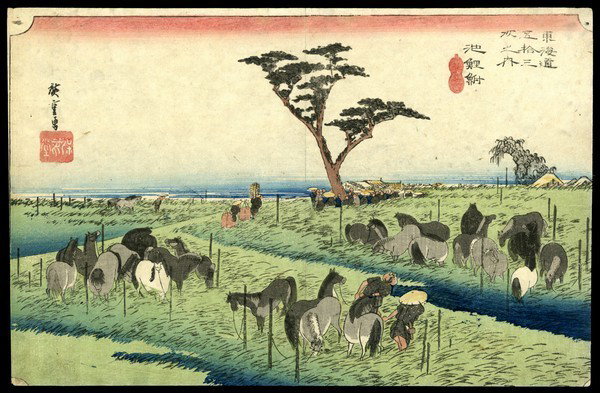 Ando Hiroshige Woodblock: Title: The Horse Market in the Fourth Month at Chiryu Artist: Hiroshige, Ando, 1797-1858 Series: Fifty-Three Stations of the Tokaido Ro