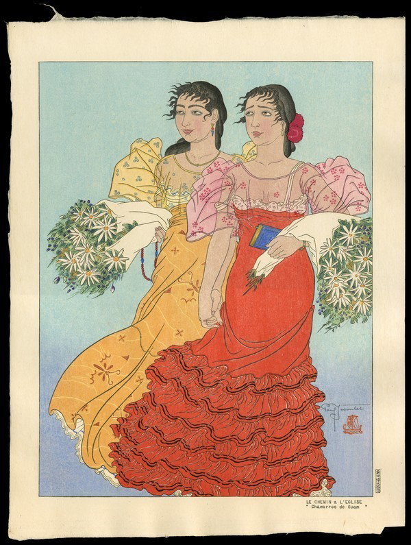 Paul Jacoulet Woodblock: Title: Le Chemin a L'Eglise. "Charmorrow de Guam" Artist: Jacoulet, Paul, 1902-1960 Edition: 19/150 Kanji Edition