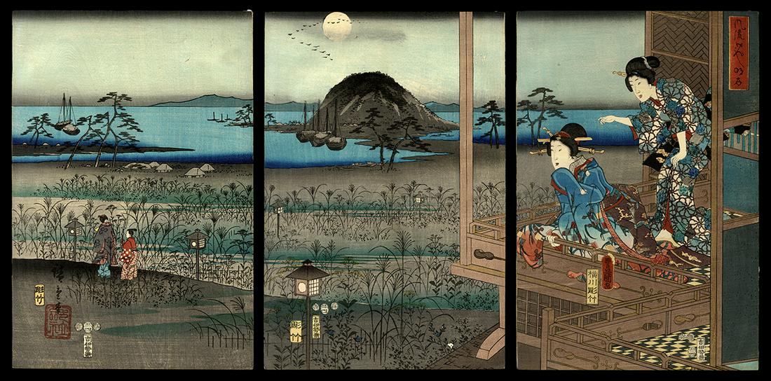 Hiroshige and Toyokuni III Woodblock - Akashi: Artist: Hiroshige, Ando, 1797-1858 and Toyokuni III, Utagawa, 1786-1865 Title: Akashi Series: Fashionable Genji Date: 1853 Medium: Japanese woodblock print Image Size:
