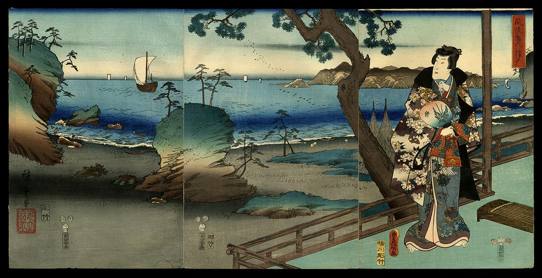Hiroshige and Toyokuni III Woodblock - Genji at Suma: Artist: Hiroshige, Ando, 1797-1858 and Toyokuni III, Utagawa, 1786-1865 Title: A Fashionable Genji at Suma Series: Fashionable Genji Date: 1853 Medium: Japanese woodblock print