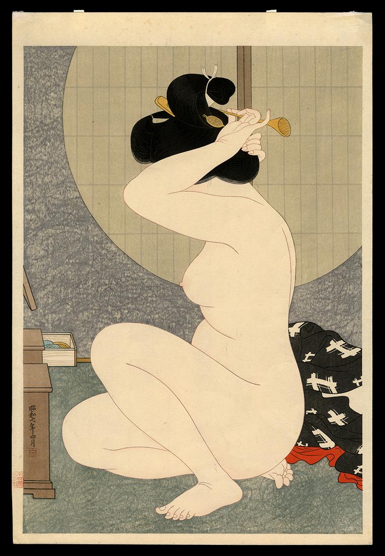 Hirano Hakuho Woodblock - Arranging Hair By Window (1 of 2)