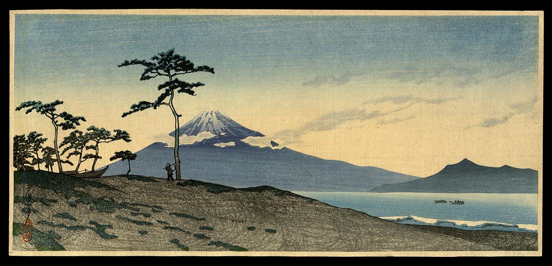 Kawase Hasui Woodblock - Evening at Miho: Artist: Hasui, Kawase, 1883-1957 Title: Evening at Miho Date: c. 1945-46 Medium: Japanese woodblock print Image Size: 6 1/2 x 14 3/8 inches Illustrated: Hasui, pl. 476<