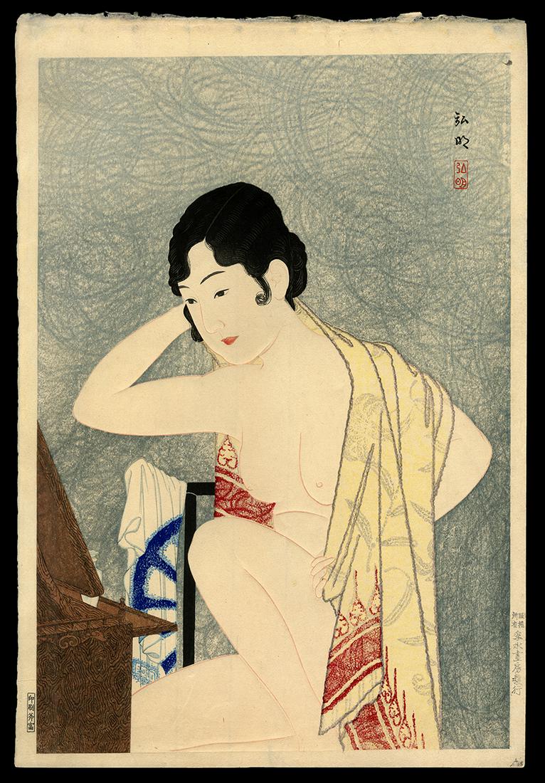 Shotei Hiroaki Woodblock - Beauty Before a Mirror (1 of 2)