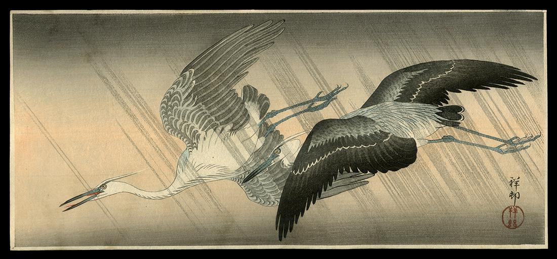 Ohara Shoson Woodblock - Two Grey Herons in Rain (1 of 2)