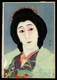 Natori Shunsen Woodblock - Onoe Baiko as Sayuri: Artist: Shunsen, Natori, 1886-1960 Title: Onoe Baiko as Sayuri Series: Thirty-six Portraits of Actors in Various Roles Date: 1925 Medium: Japanese woodblock print Image Siz