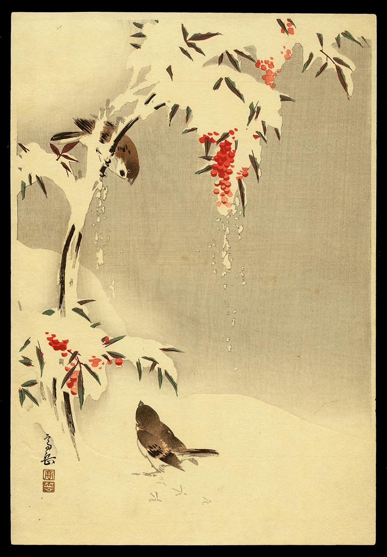 Ito Sozan Woodblock - Japanese Robins in Snow (1 of 2)