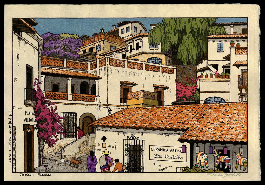 Toshi Yoshida Woodblock - Taxco, Mexico: Artist: Yoshida, Toshi, 1911-1995 Title: Taxco, Mexico Date: 1975 Medium: Japanese woodblock print Image Size: 9 3/4 x 14 3/4 inches Notes: Pencil signature