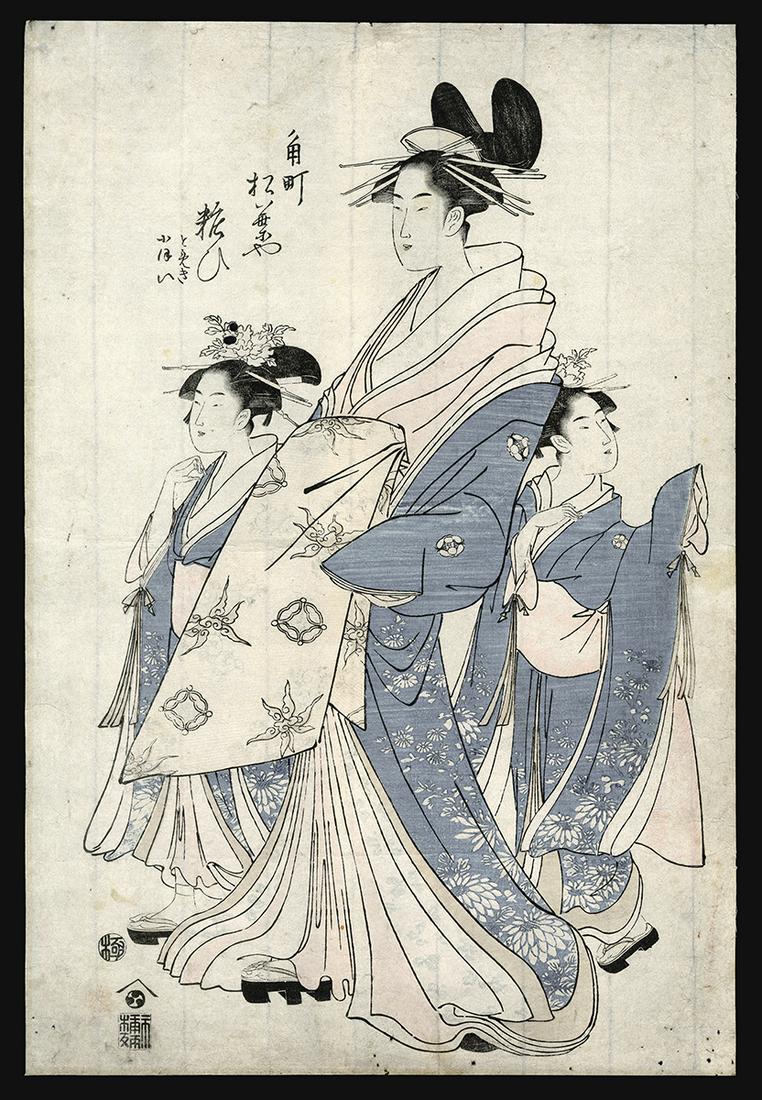 Hosoda Eishi Woodblock - Yosooi of the Matsubaya: Artist: Eishi, Hosoda, 1756-1829 Title: Yosooi of the Matsubaya, Kamuro Tomeki and Nioi Date: c. 1790s Medium: Japanese woodblock print Dimensions: 14 7/8 x 10 1/8 inches