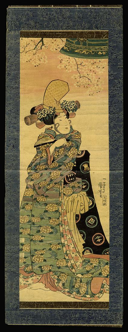 Utagawa Kuniyoshi Woodblock - Musume Dojoji: Artist: Kuniyoshi, Utagawa, 1798-1861 Title: Musume Dojoji Date: c. 1840 Medium: Japanese woodblock print Dimensions: 32 x 11 5/8 inches Notes: Dimensions include origi