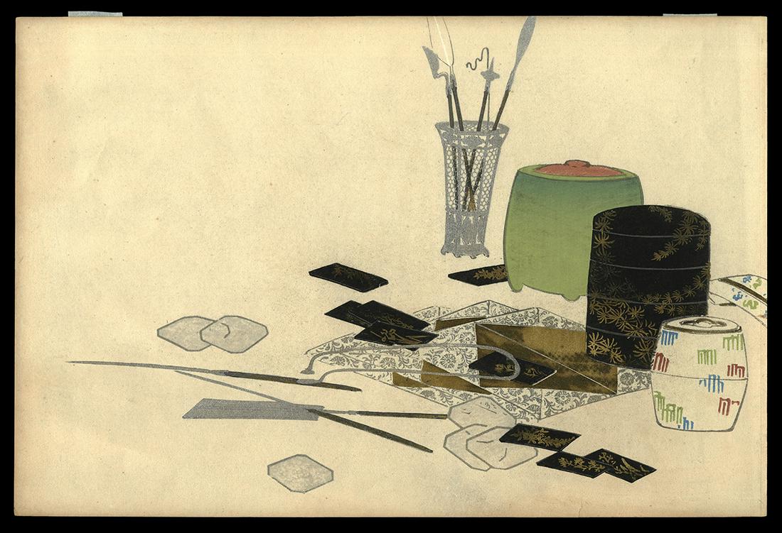 Sekka Woodblock - Utensils for Incense Ceremony: Artist: Sekka, Kamisaka, 1866-1942 Title: Utensils for an Incense Ceremony Series: One Thousand Grasses Date: 1903 Medium: Japanese woodblock print Dimensions: 9 1/4 x