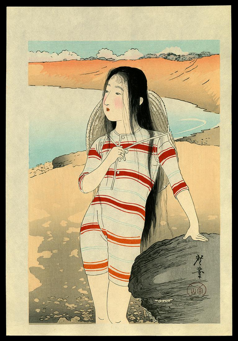 Tsukioka Kogyo Woodblock - Girl at Beach (1 of 2)