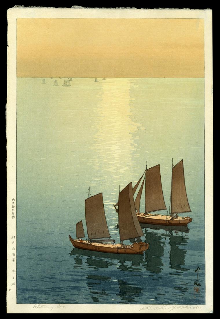 Hiroshi Yoshida Woodblock - Glittering Sea: Artist: Yoshida, Hiroshi, 1876-1950 Title: Glittering Sea Series: Inland Sea Date: 1926 Medium: Japanese woodblock print Dimensions: 14 3/8 x 9 1/2 inches Il