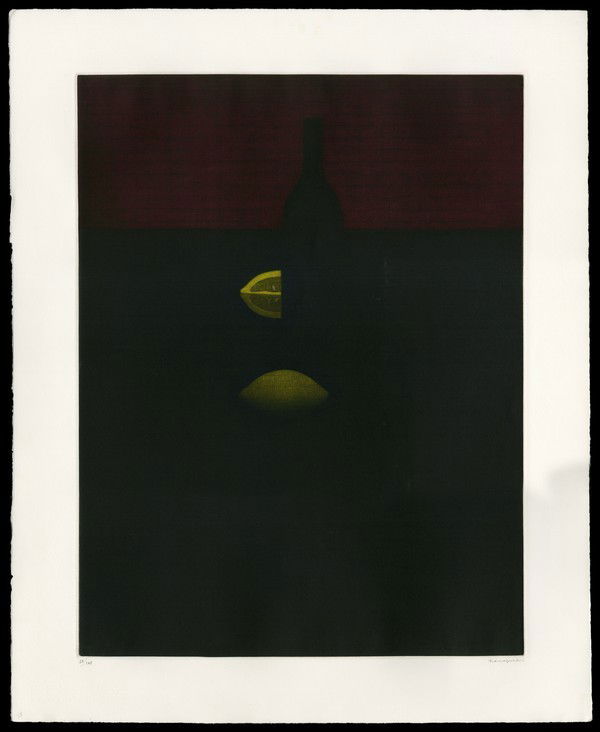 Yozo Hamaguchi Color Mezzotint: Title: Bottle with Yellow Lemons and Red Wall Artist: Hamaguchi, Yozo, 1909-2000Edition: 28/145Date: 1